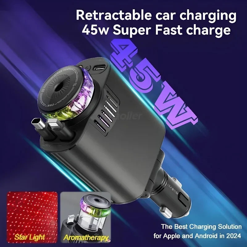 45W Super Fast Retractable Car Charger,with Starlight & Aromatherapy & 2 Retractable Cables,for Car Truck RV,for iPhone Samsung