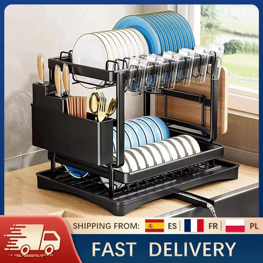 2Tier Dish Racks for Kitchen Counter Multifunctional Dish Drying Rack Large Capacity Metal Kitchen Dishes Drying Rack Plate Org