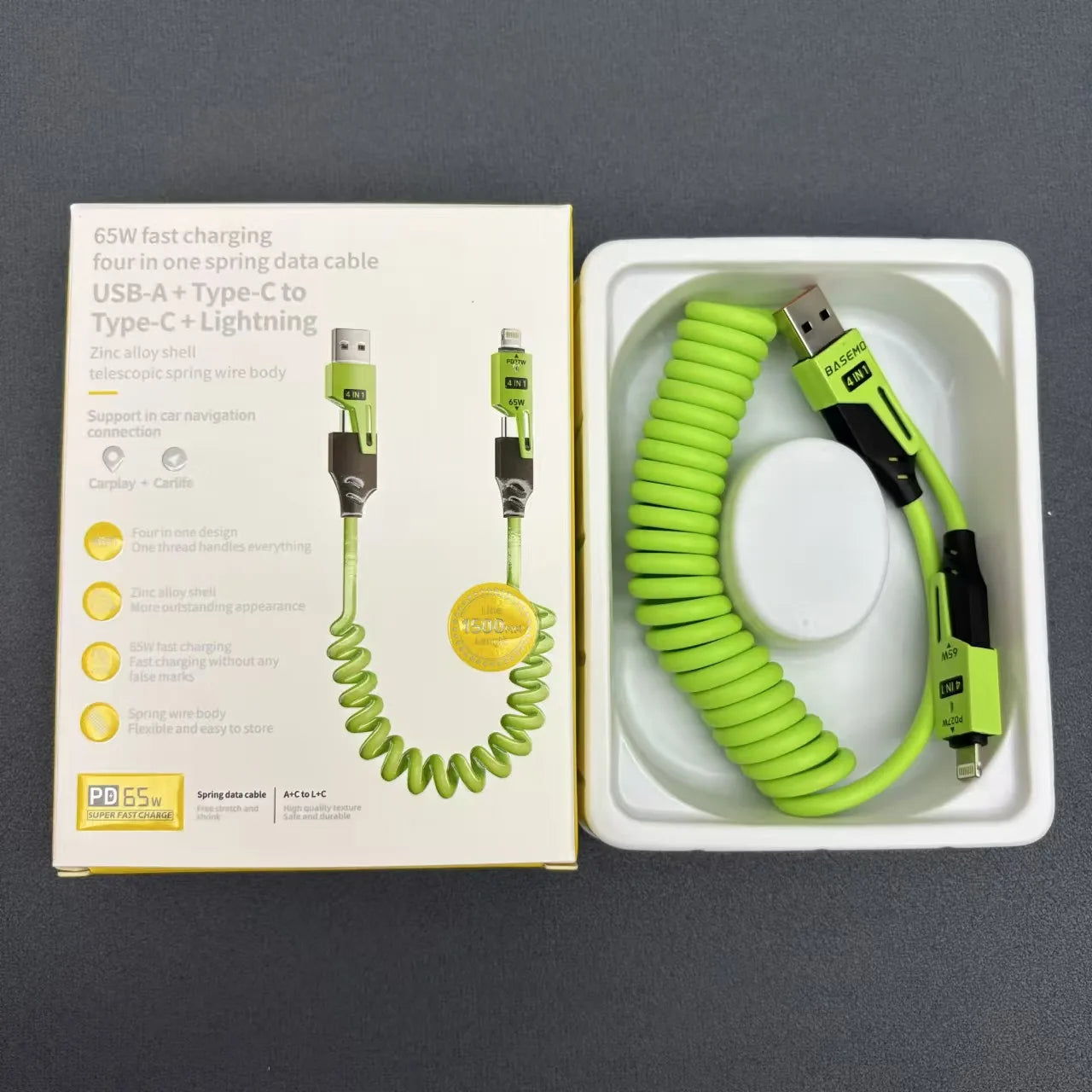 4 in 1 65W Spring Short Data Cable 6A USB Type C Spring Telescopic Quick Charger Wire Spring USB Cable for iPhone 15 14 13 12