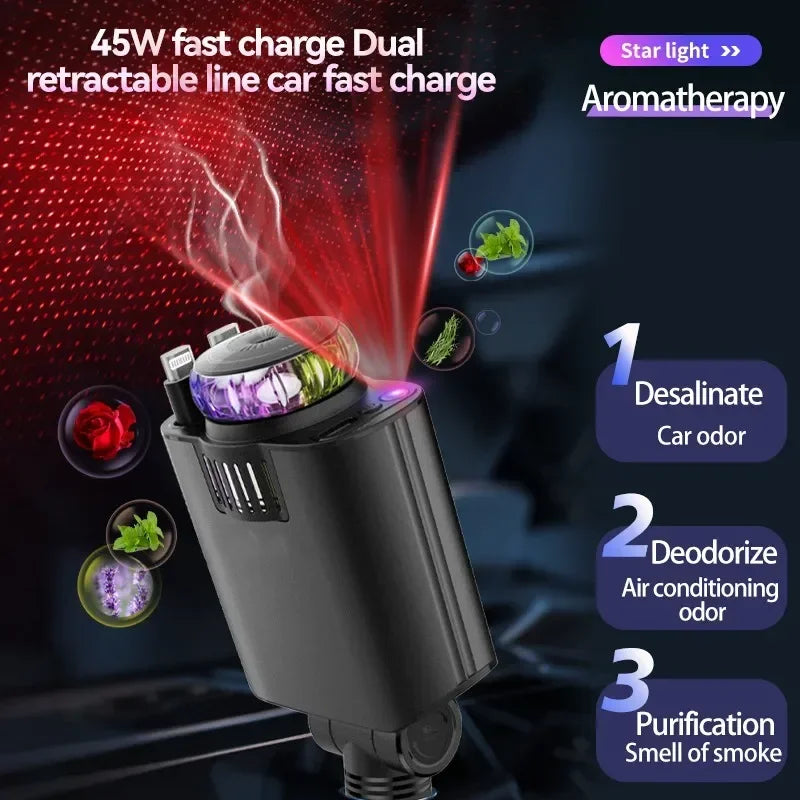 45W Super Fast Retractable Car Charger,with Starlight & Aromatherapy & 2 Retractable Cables,for Car Truck RV,for iPhone Samsung