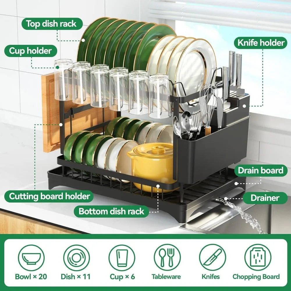 2Tier Dish Racks for Kitchen Counter Multifunctional Dish Drying Rack Large Capacity Metal Kitchen Dishes Drying Rack Plate Org