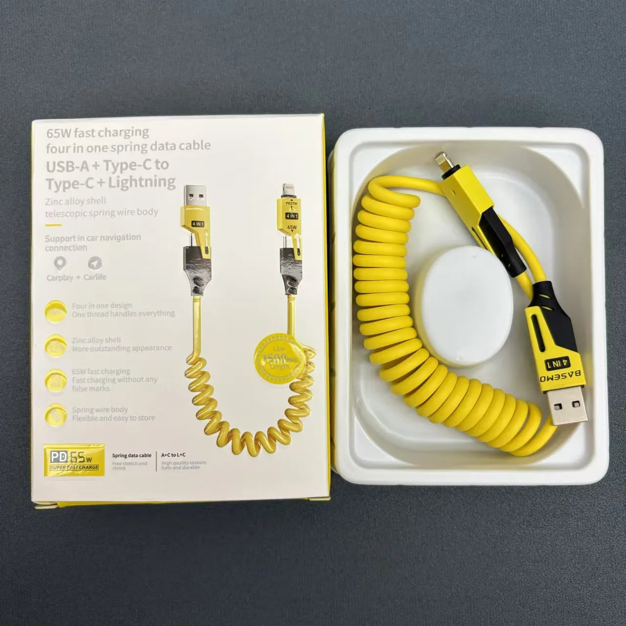 4 in 1 65W Spring Short Data Cable 6A USB Type C Spring Telescopic Quick Charger Wire Spring USB Cable for iPhone 15 14 13 12