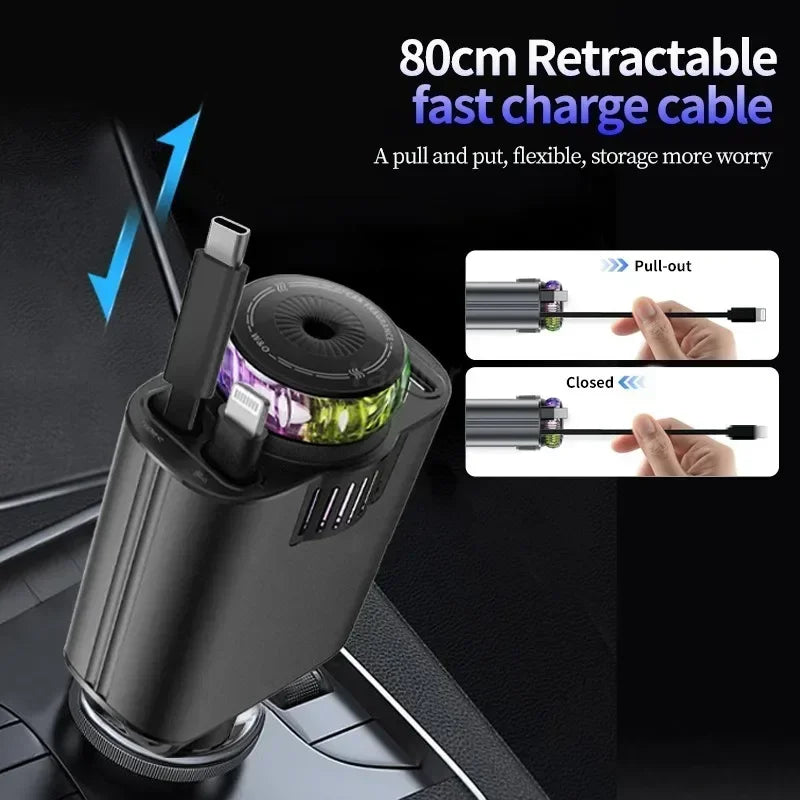 45W Super Fast Retractable Car Charger,with Starlight & Aromatherapy & 2 Retractable Cables,for Car Truck RV,for iPhone Samsung