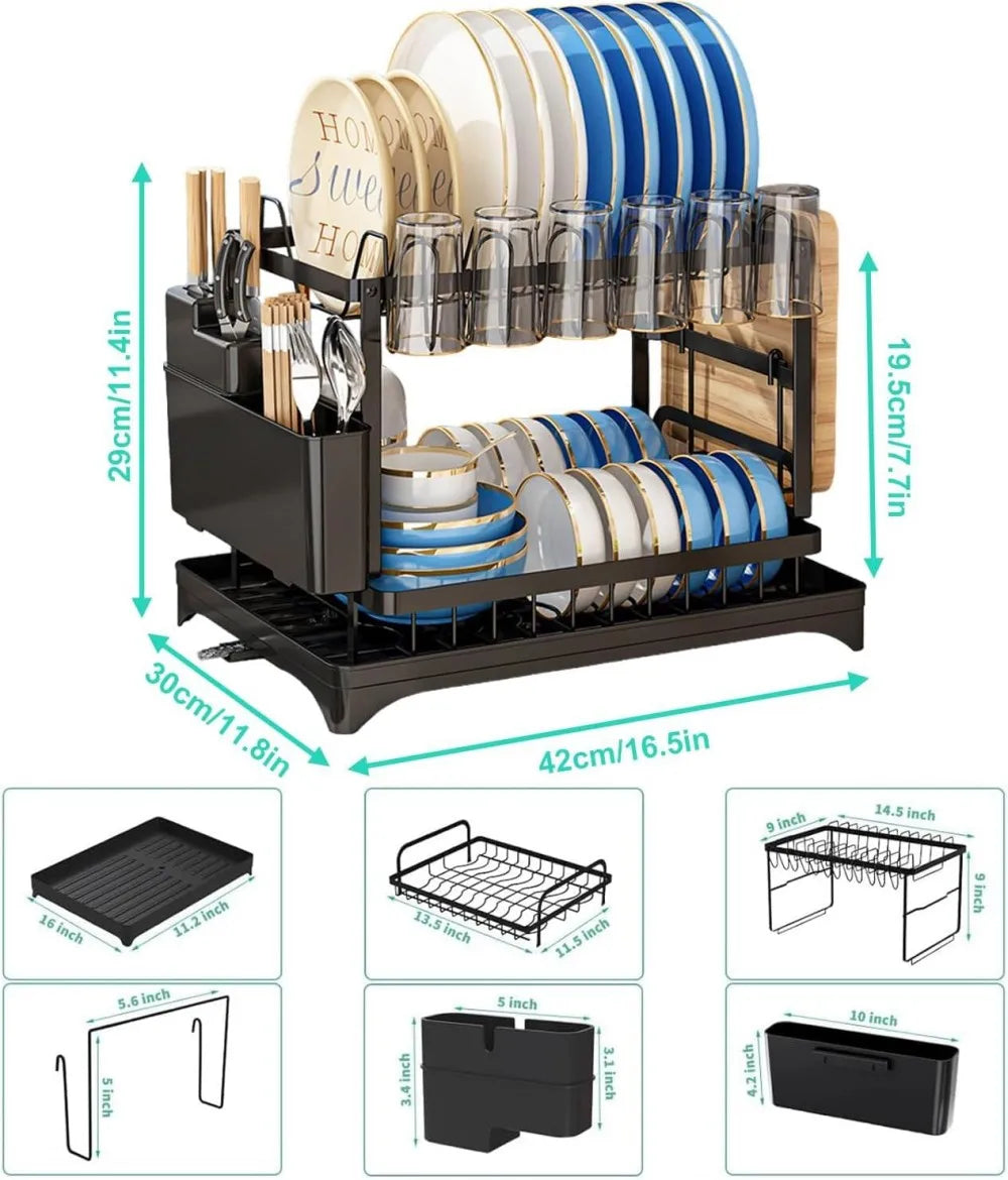 2Tier Dish Racks for Kitchen Counter Multifunctional Dish Drying Rack Large Capacity Metal Kitchen Dishes Drying Rack Plate Org