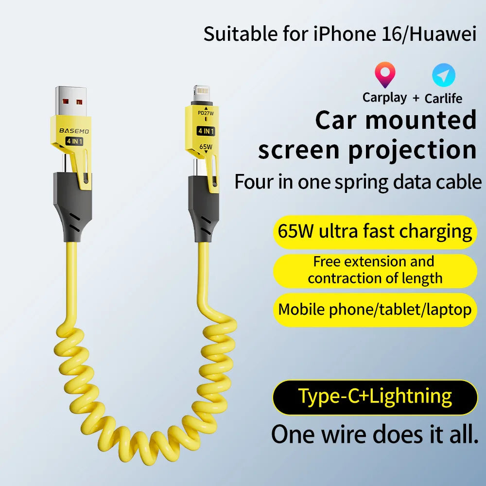 4 in 1 65W Spring Short Data Cable 6A USB Type C Spring Telescopic Quick Charger Wire Spring USB Cable for iPhone 15 14 13 12