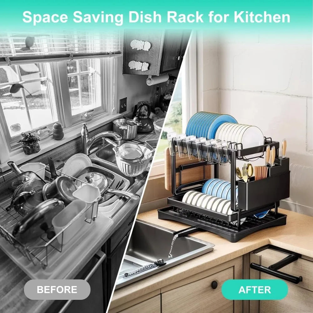 2Tier Dish Racks for Kitchen Counter Multifunctional Dish Drying Rack Large Capacity Metal Kitchen Dishes Drying Rack Plate Org