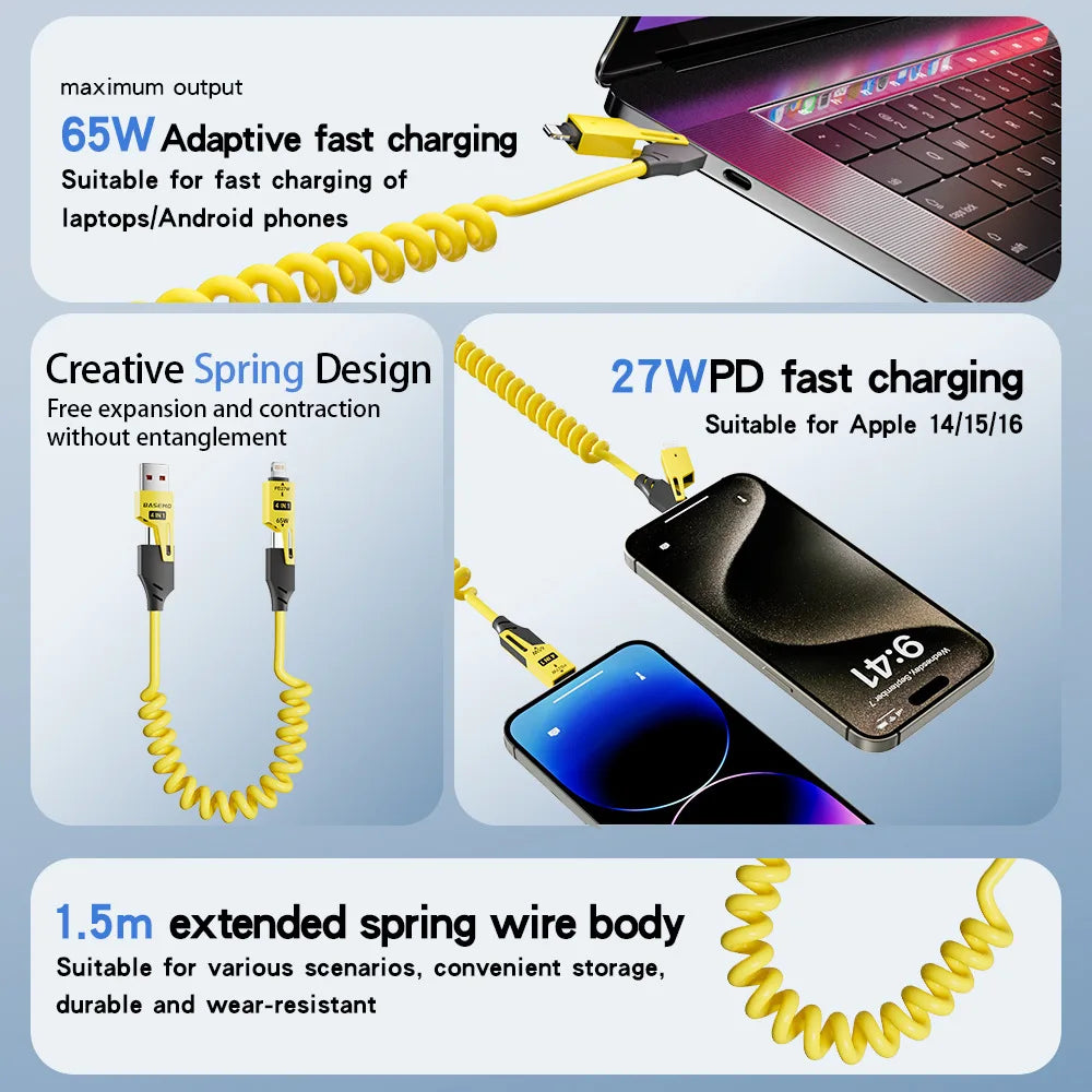 4 in 1 65W Spring Short Data Cable 6A USB Type C Spring Telescopic Quick Charger Wire Spring USB Cable for iPhone 15 14 13 12