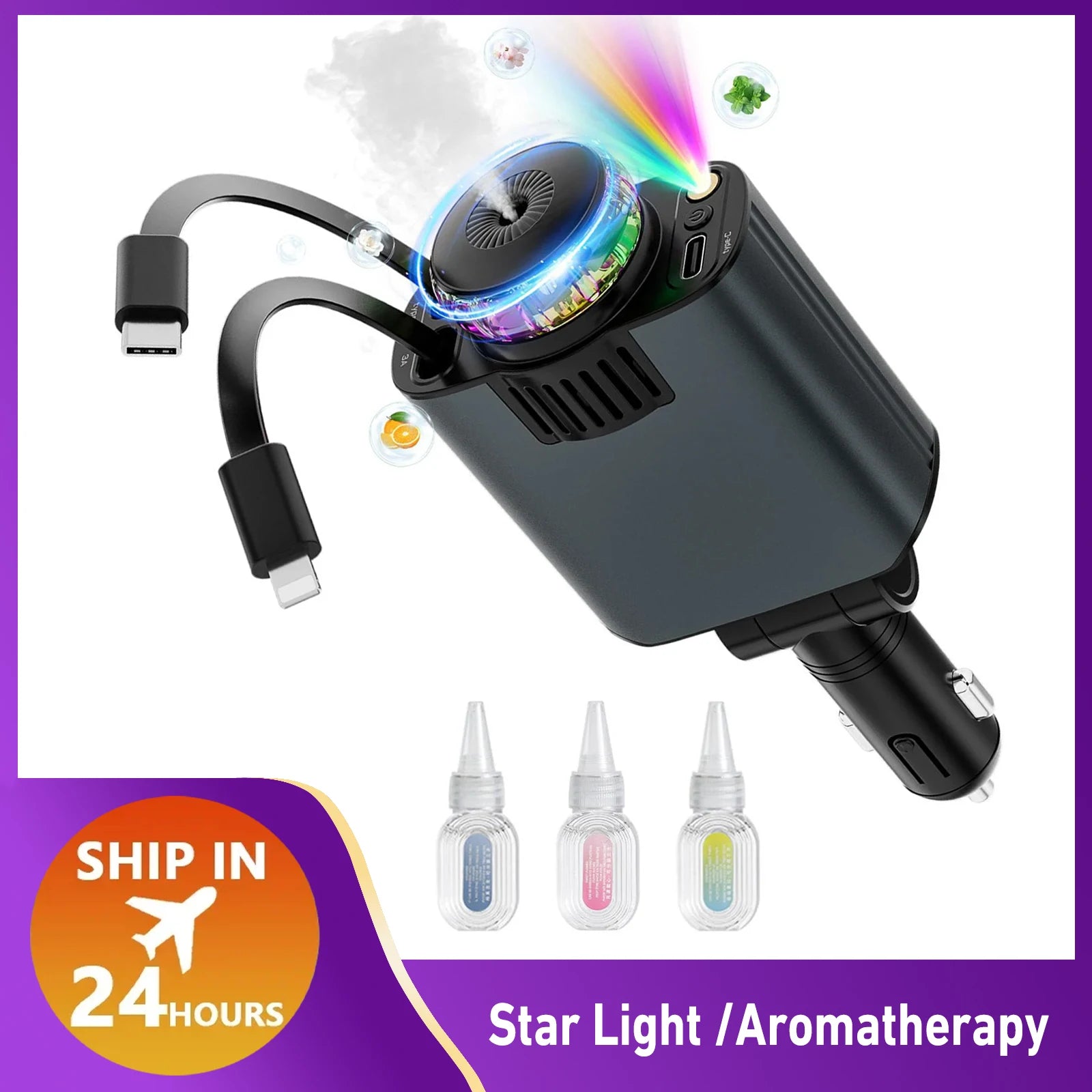 45W Super Fast Retractable Car Charger,with Starlight & Aromatherapy & 2 Retractable Cables,for Car Truck RV,for iPhone Samsung